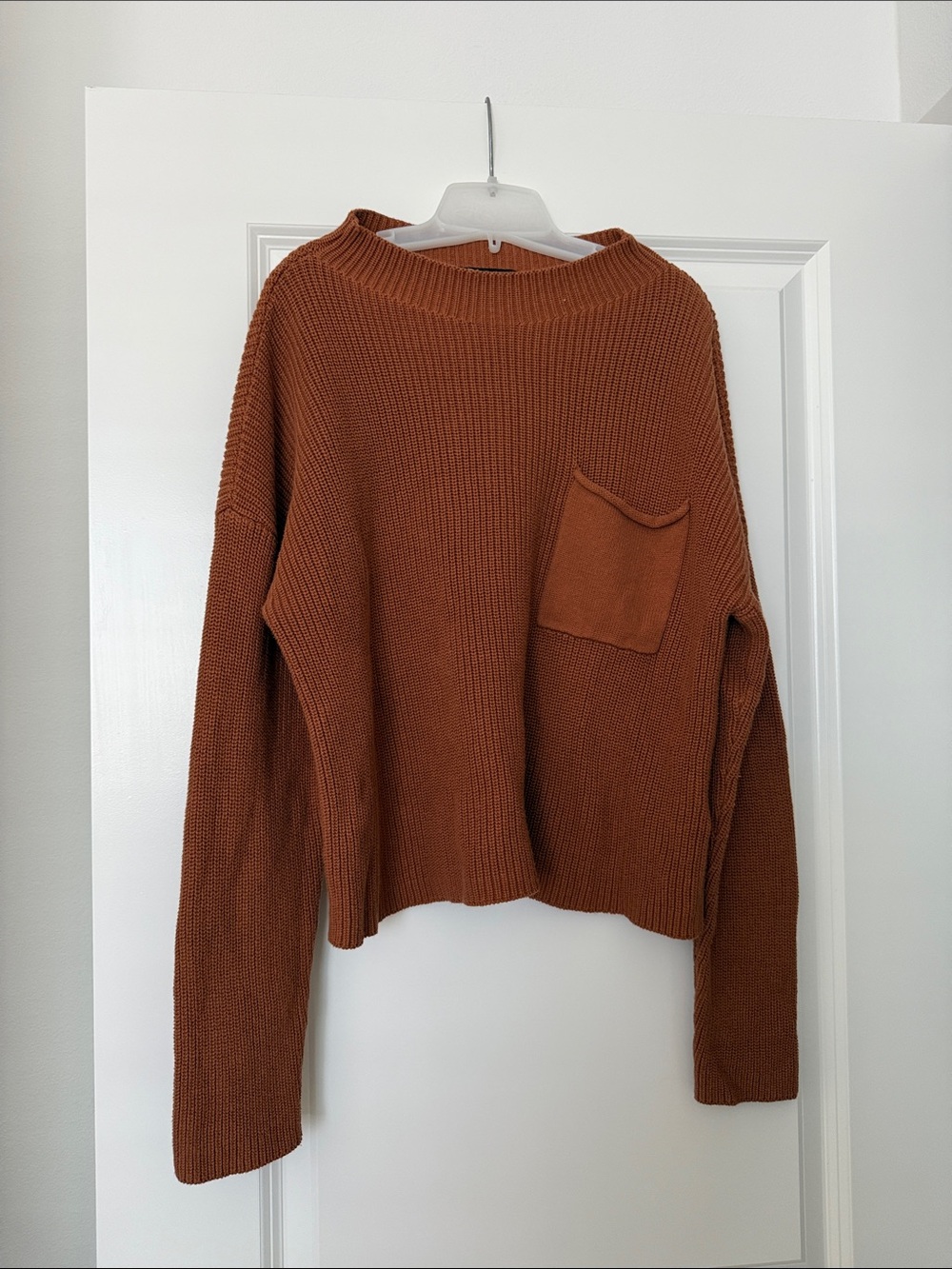 Women's Rust Crewneck Knit Sweater with Chest Pocket
